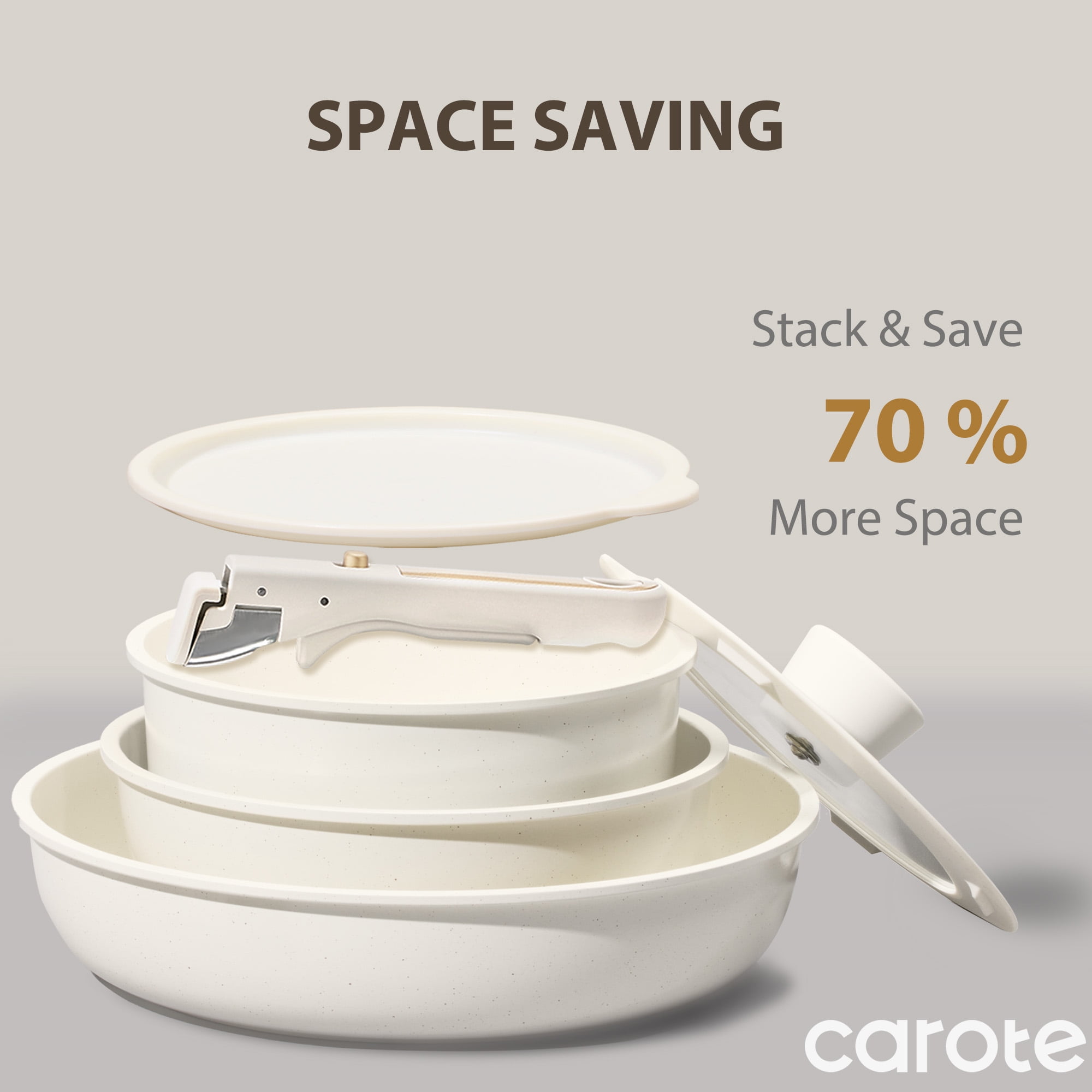 Carote 21 Pieces Pots and Pans Set with Detachable Handle, Ceramic Non Stick Non Toxic Kitchen Cookware Set with Induction, Oven/Dishwasher Safe, Granite White