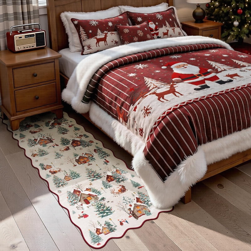 Wonnitar Christmas Runner Rugs, 2x6 Beige Kitchen Rug Washable Non Slip, Soft Ultra-Thin Christmas Tree Santa Claus Holiday Decor Runner Carpet for Hallway Bathroom Bedside