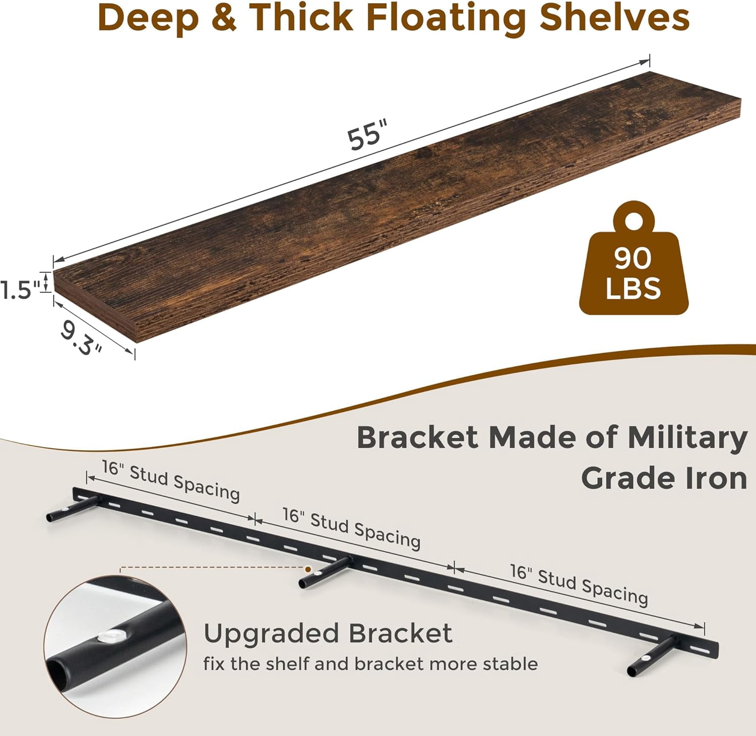 55 Inch Brown Floating Shelves, 9.3 Inch Deep Wall Mounted Floating Shelf, 55 x 9.3 Large Storage Wall Shelf for Living Room, Floating TV Stand, Farmhouse Rustic 55" Long Fireplace Mantel