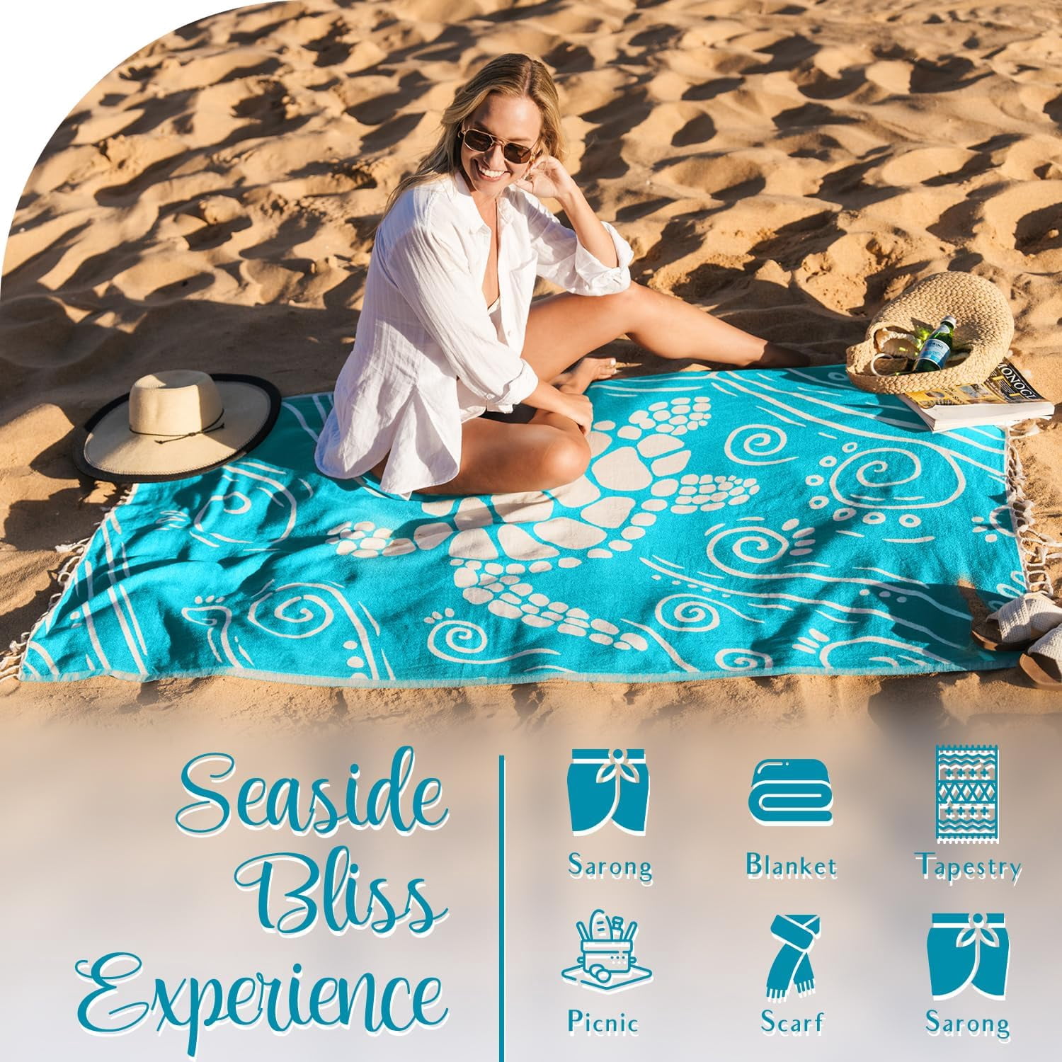 WEKAPO Turkish Beach Towel 39"x71" Oversized, 100% Cotton, Ultra Absorbent & Sand Resistant, Extra Large Beach Towel, Perfect for Beach, Bathroom, Pool, Travel (Turquoise Sea Turtle)