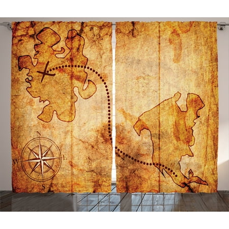 Treasure Hunt Map (Vintage Curtains 2 Panels Set, Bohemian Style Treasure Hunt Map with Small Compass Paint on It Manuscript Atlas Finding Print, Living Room Bedroom Decor, Tan, by)