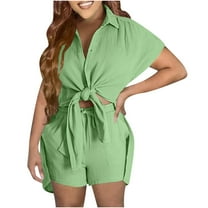 qolati 2 Piece Sets for Women Cotton Linen Shorts Sleeve Button Down Shirt and Shorts Set Dressy Summer Outfits Casual Loungewear Sweatsuits