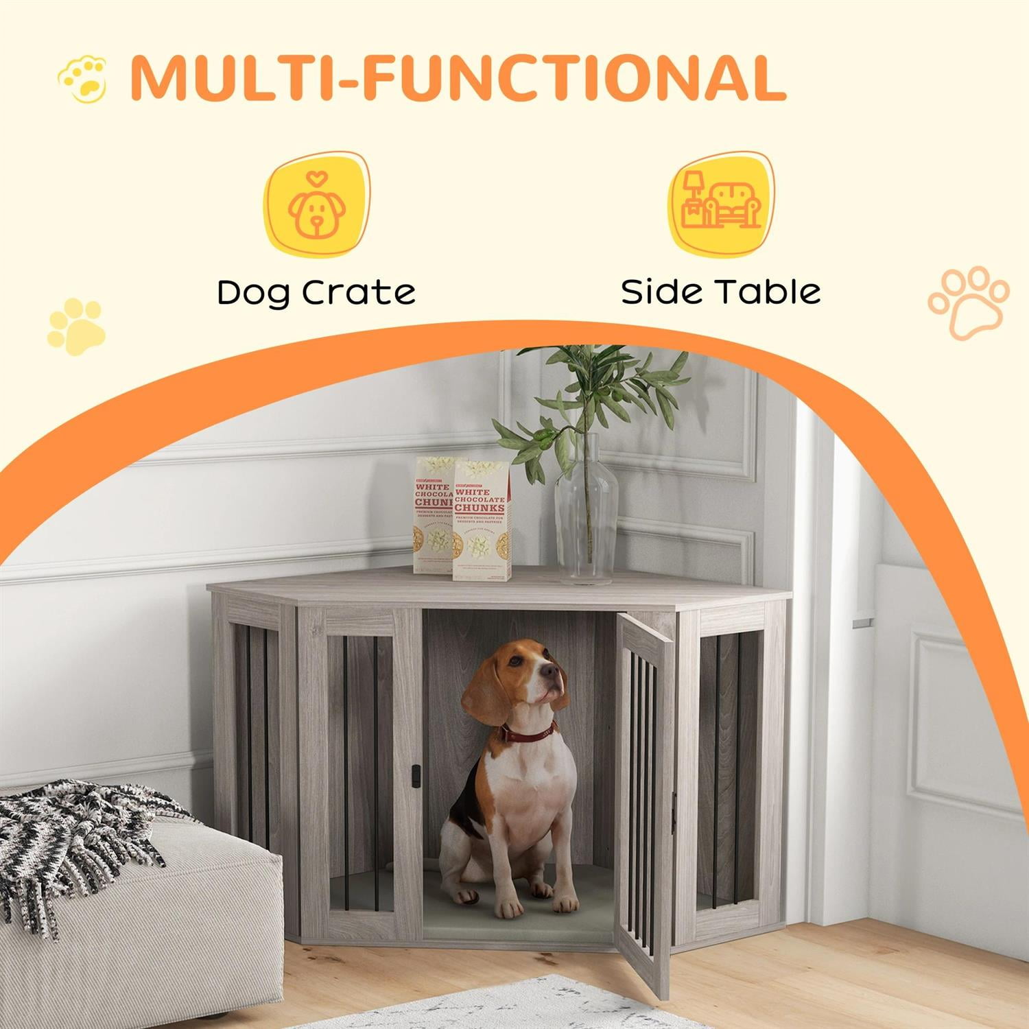 Pefilos 45" Corner Dog Crate Furniture with Cushion, Wooden Kennel Table, Indoor Dog House for Large Dogs, Gray