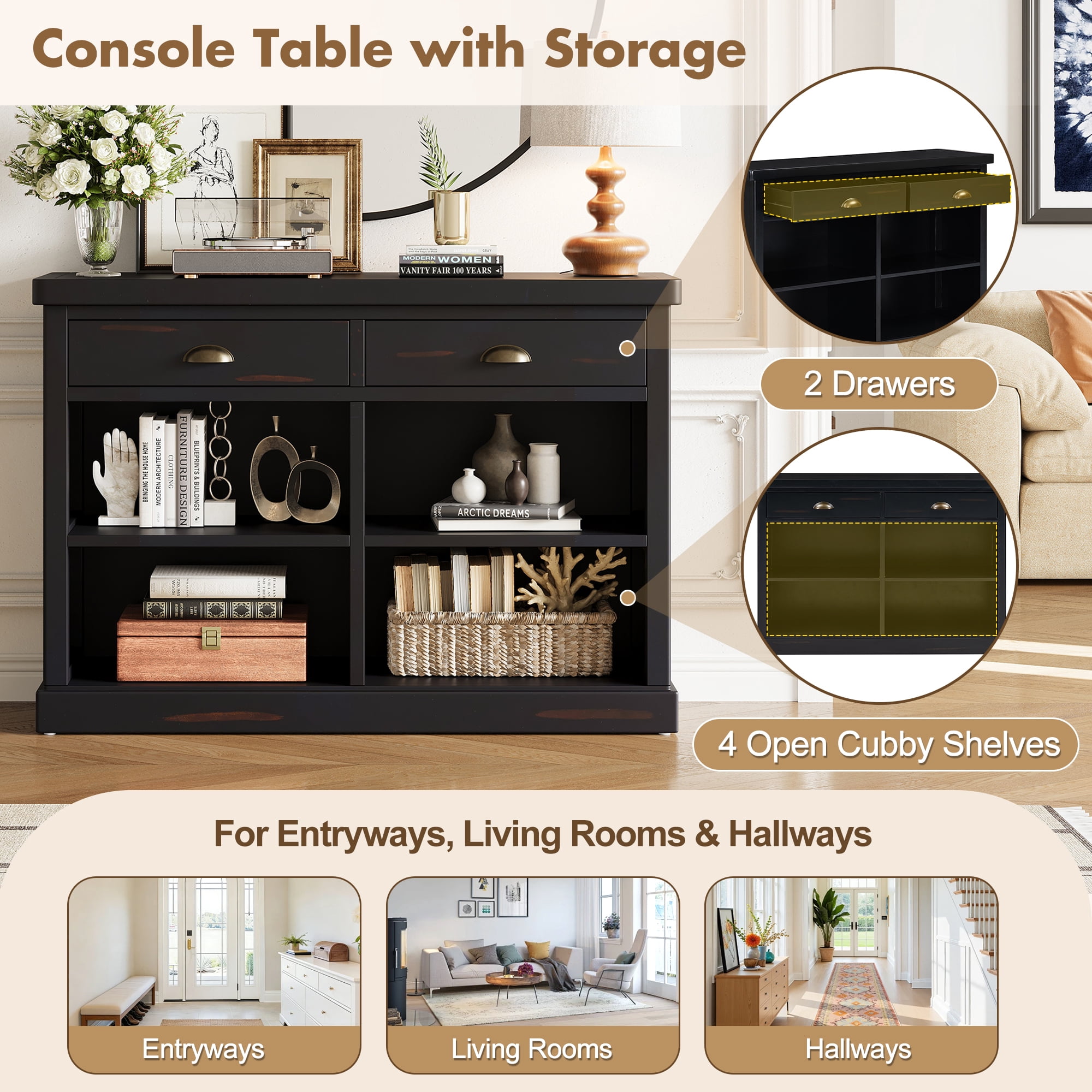Euroco 47" Long Console Table, Wood Narrow Sofa Table with Open Storage Shelves & 2 Drawers,Entryway Table Accent Table for Living Room, Hallway,Espresso