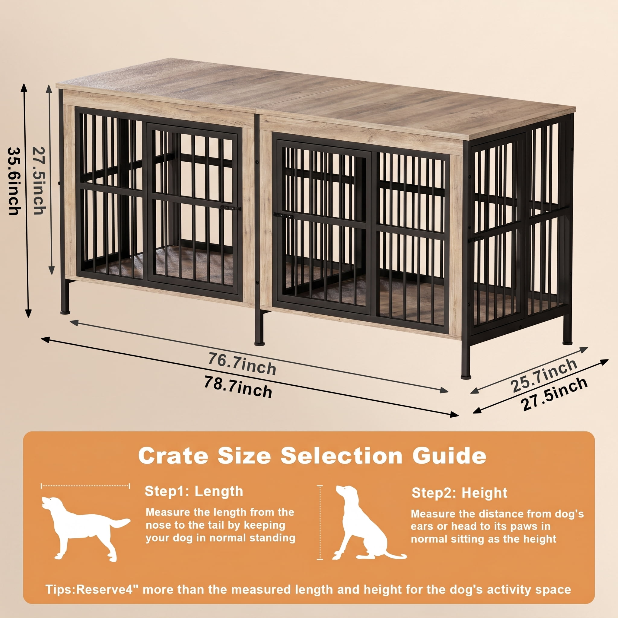 YOKWOK 78 Inch Dog Crate Furniture for Large Dogs with Removable Divider, Double-Doors Dog Kennel Furniture, Thick Wooden Dog Cage Furniture, Ivory