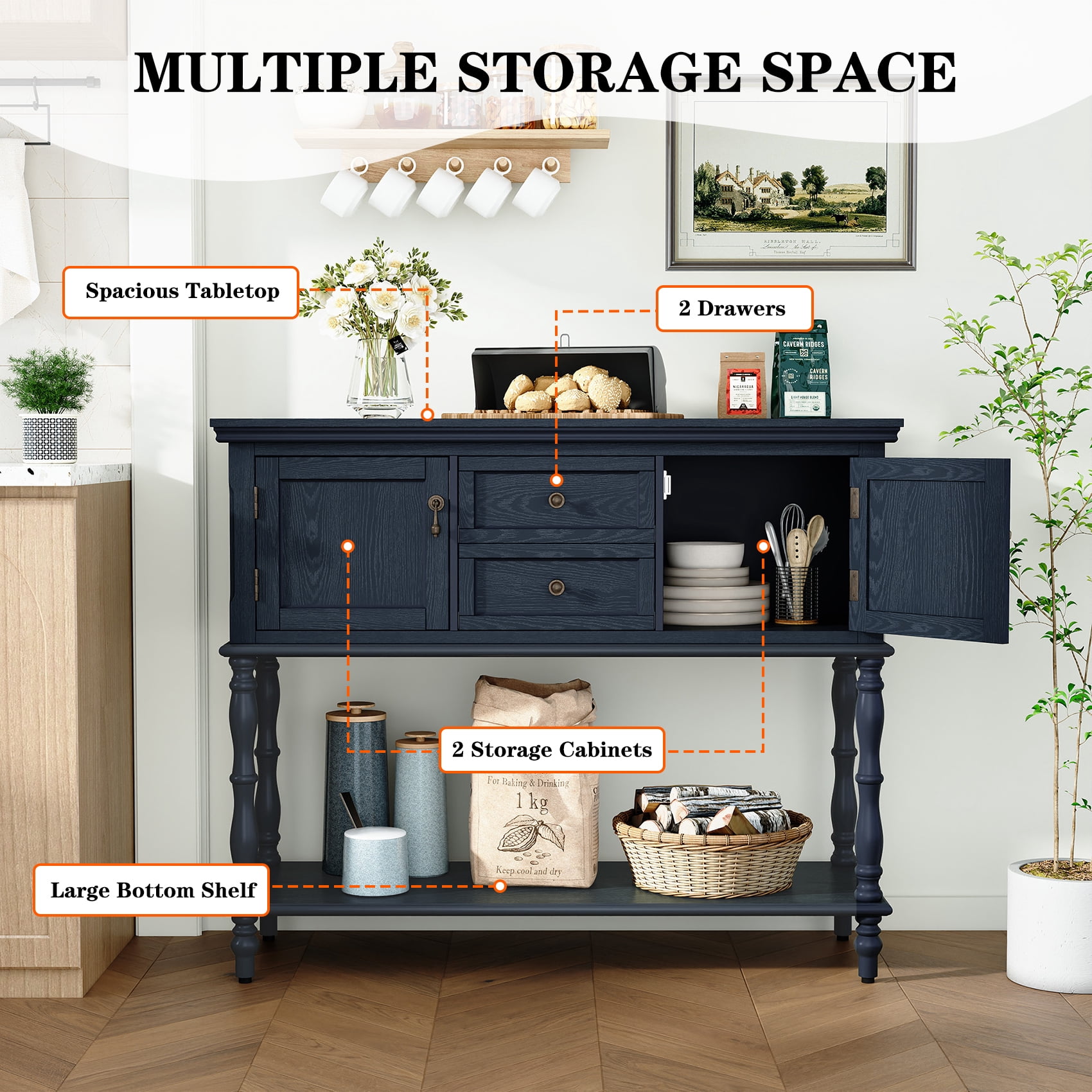 CBJCBJ 42" Farmhouse Console Table , 2 Drawer Narrow Long Entryway Table with Open Storage Shelf , for Living Room, Blue