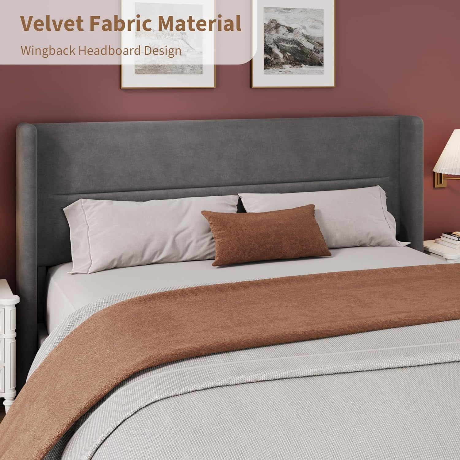 IDEALHOUSE King Size Bed Frame with Wingback Headboard, Velvet Upholstered Platform Bedframe with Wood Slats, No Box Spring Needed, Easy Assembly, Grey