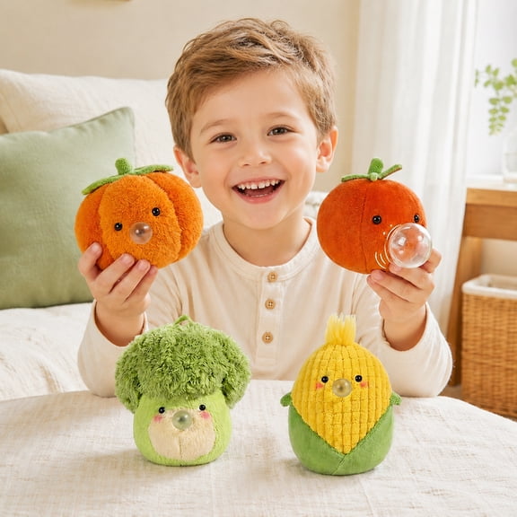 Kiddiway Pumpkin Stuffed Animal Plush Toy – Palm Pals Size Squeeze Activated Bubble Spitter – Soft Farm Veggie for Entry Table Decor
