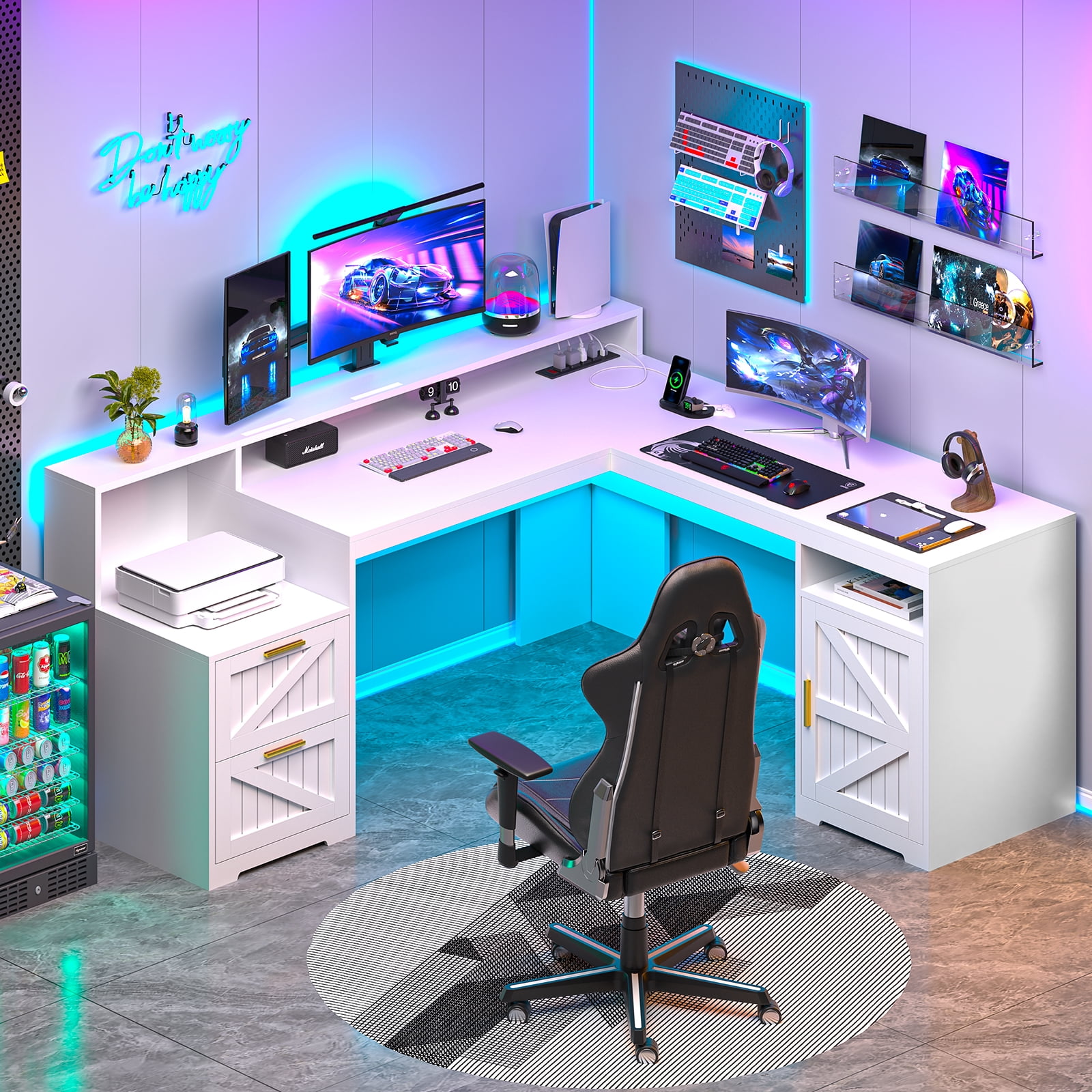 63" Farmhouse L Shaped Executive Desk with Drawers & Storage Shelf, Corner Computer Desk with Power Outlets, L Shaped Office Desk with Monitor Stand, Printer Shelf, White