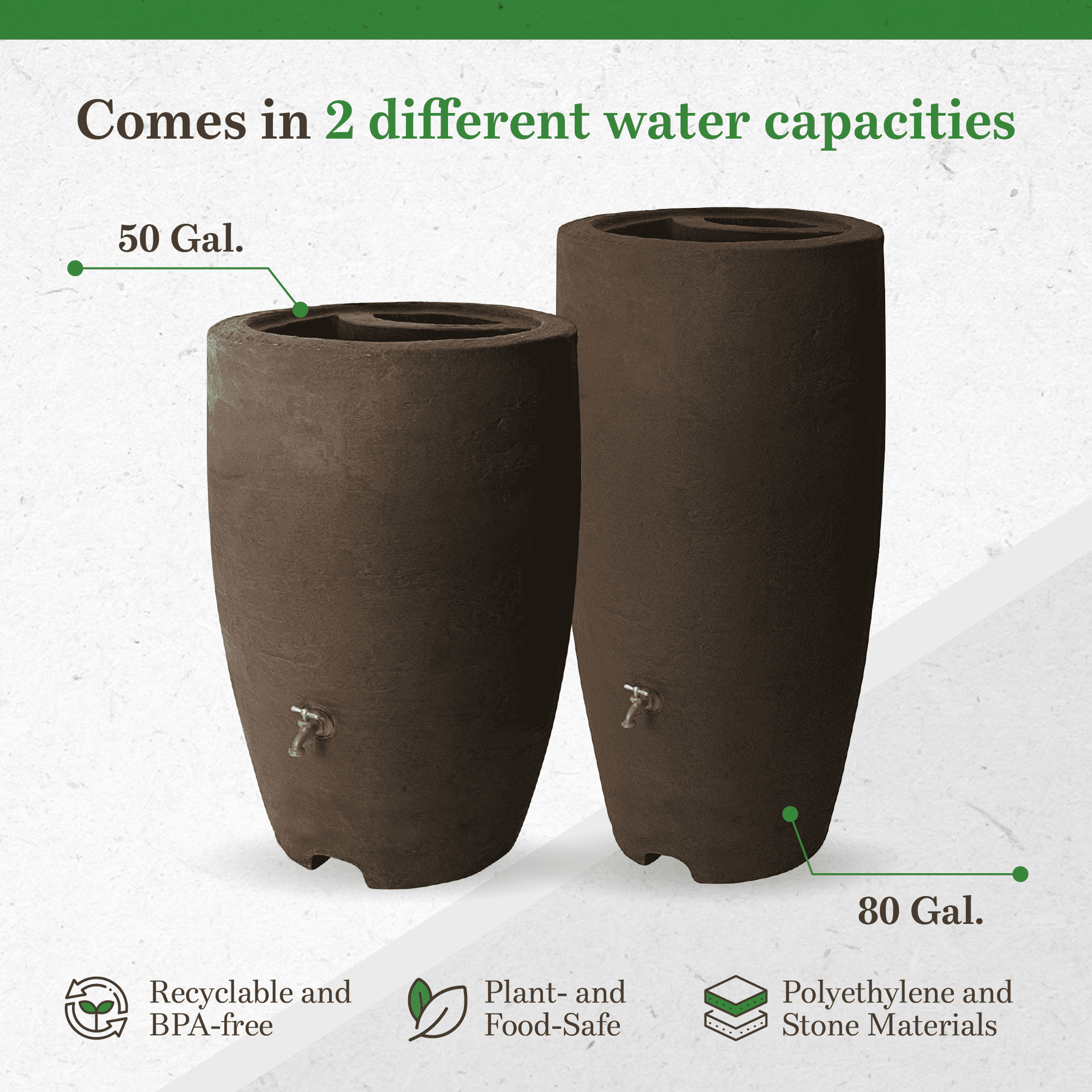 Algreen Plastic Rain Barrel, 50 Gal Rainwater Collection Tank w/Spigot, Athena, Brownstone