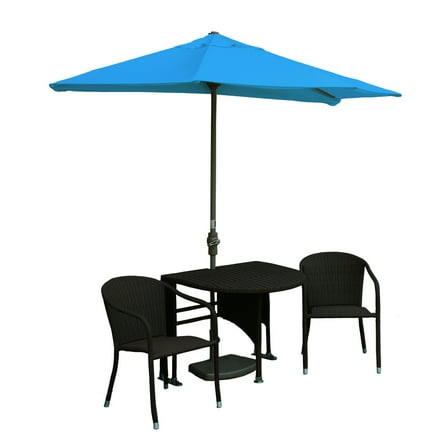 Patio Table Set Wicker Outdoor Furniture Set with Umbrella - Java & Blue