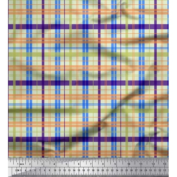 Soimoi Japan Crepe Satin Fabric Plaid Check Printed Craft Fabric by The Yard 42 Inch Wide