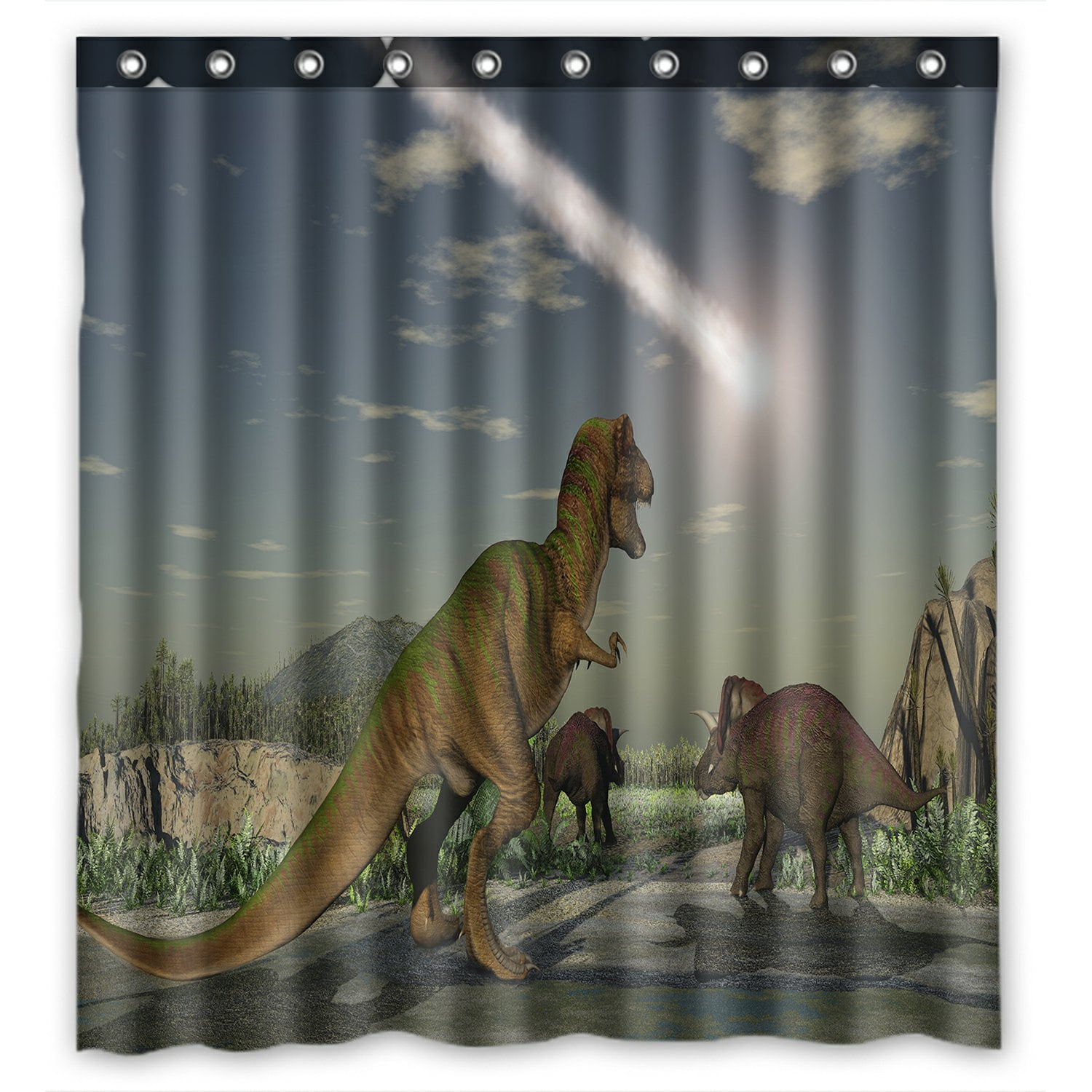 PHFZK Dinosaur Shower Curtain, Sunlight Sky Dinosaur Polyester Fabric