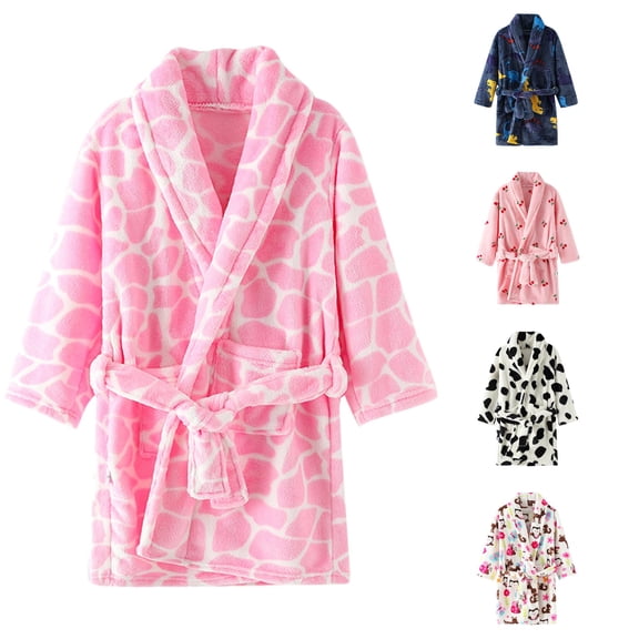 REDARER Boys Girls Cow Print Bathrobe Shawl Collar Tie Belt Pockets Soft Warm Kids Loungewear Sleep Robe,8-9 Years