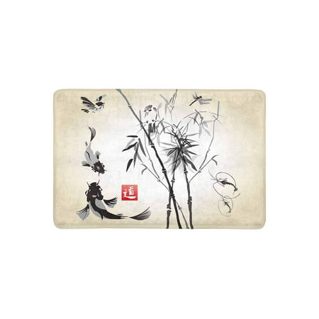 Oriental Door Mats MKHERT Oriental Ink and Wash Painting Bamboo Drangonfly and Koi Fish Doormat Rug Home Decor Floor Mat Bath Mat 23.6x15.7 inch ()