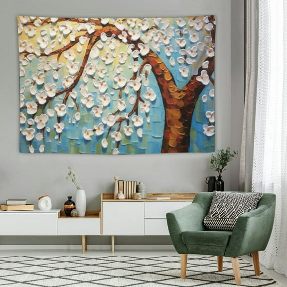 Creowell  Spring Floral Tree Tapestries White Flowers Brown Branch Cherry Art Tapestry for Bedroom Aesthetic Home Decor Living Room Boys Girls Playroom Backdrop Wall Tapestry 60x40 Inch 60x40in