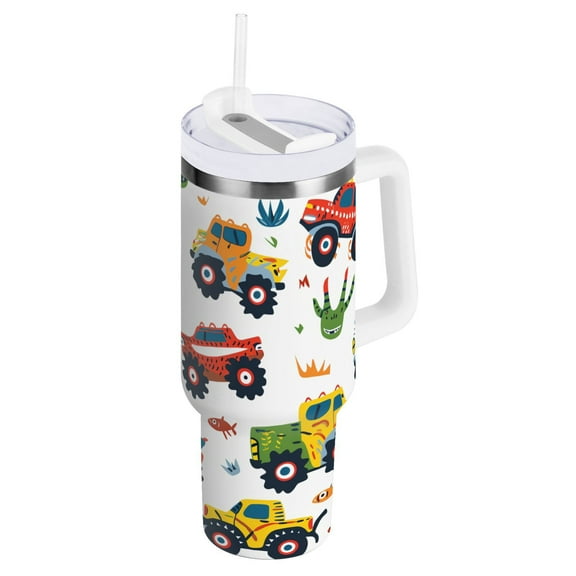 JSTEL Cartoon Monster Truck 40 oz Tumbler Stainless Steel Water Bottle Vacuum Insulated Cup with Straw Lid & Handle For Travel Car Cup Holder