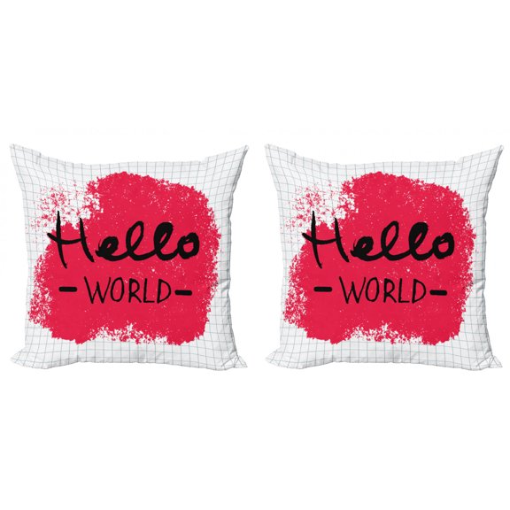 Hello World Throw Pillow Cushion Cover Pack of 2, Hand Written Calligraphy on Graphic Paint Stains Background, Zippered Double-Side Digital Print, 4 Sizes, Dark Coral Charcoal Grey, by Ambesonne