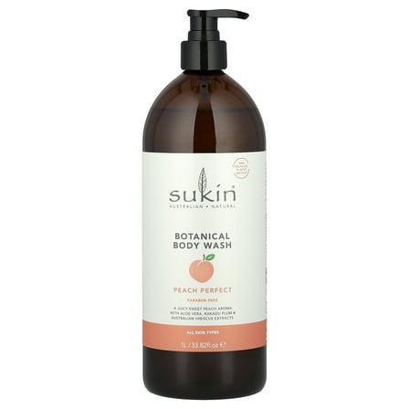 Sukin Botanical Body Wash, All Skin Types, Peach Perfect, 33.82 fl oz (1 l)