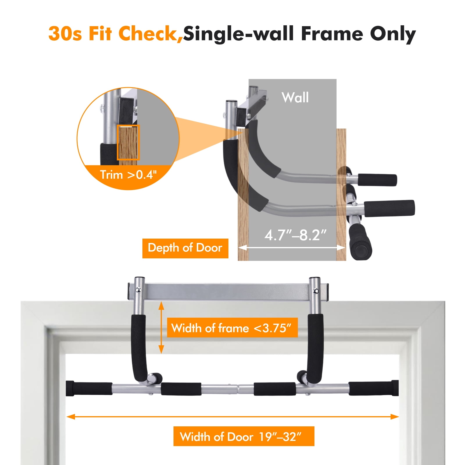 Doorway Pull Up Bar, 440 LB Max Heavy Duty Steel Chin-Up Bar, Secure No-Screw Door Frame Workout Bar for Home Gym