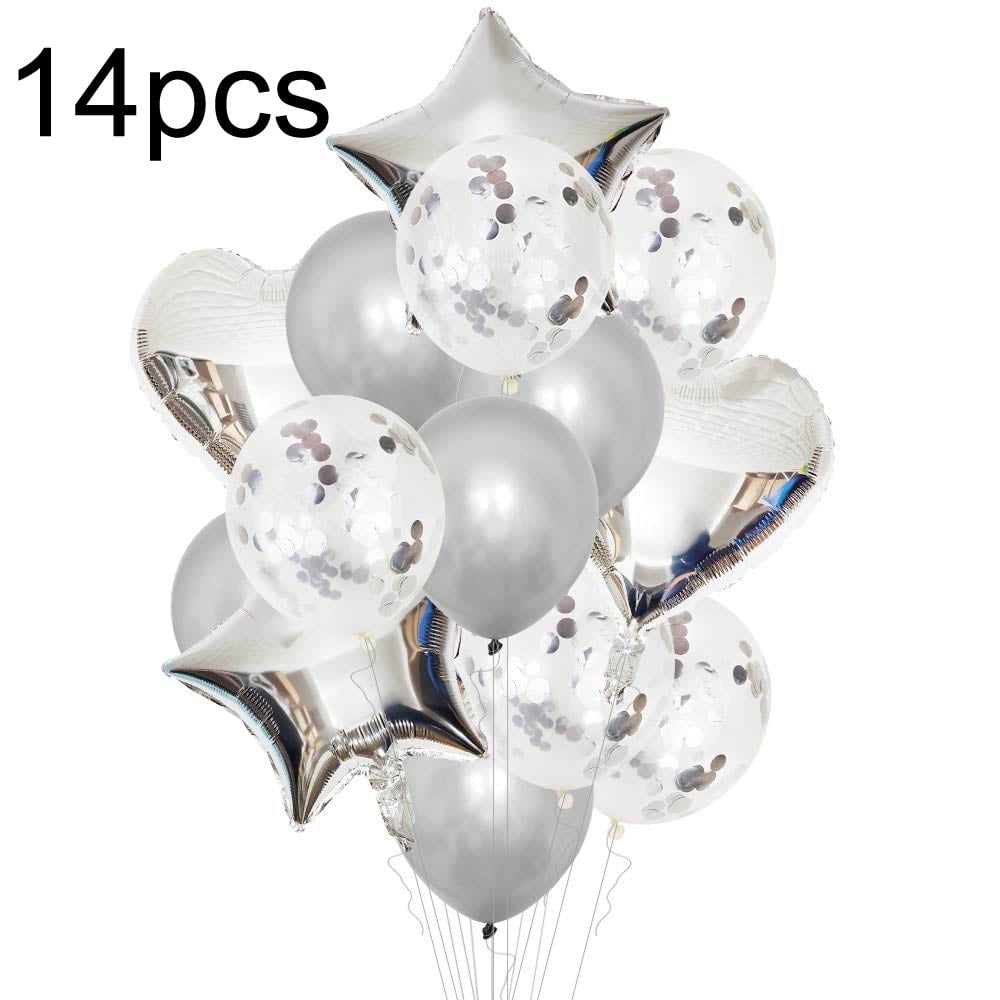 14 Pcs Birthday Party Decorations Kit,Confetti Balloon Star Heart Foil  Balloons Latex Balloon Set for Birthday, Weddings, Baby Shower Party,  Festival Decorations, Business Event,Silver 