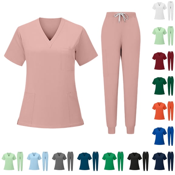 Scrub Set for Women Short Sleeve V Neck Medical Scrub Tops & Jogger Taper Pants Solid Healthcare Breathable 2 Pieces Outfit, XL
