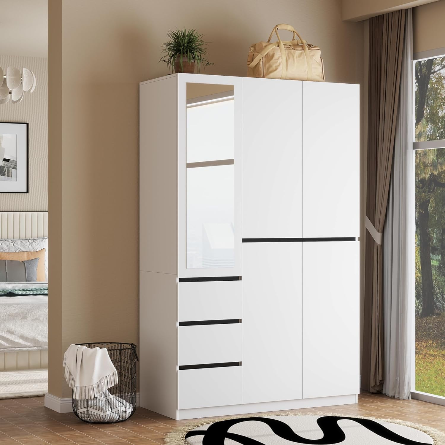 VINFORM 75" Armoire Wardrobe Closet with Mirror, Wardrobe Armoire with 3 Drawers, 5 Door Wood Armoire Storage with Hanging Rods and Multi-Layer Shelves for Bedroom, Guest Room (White)
