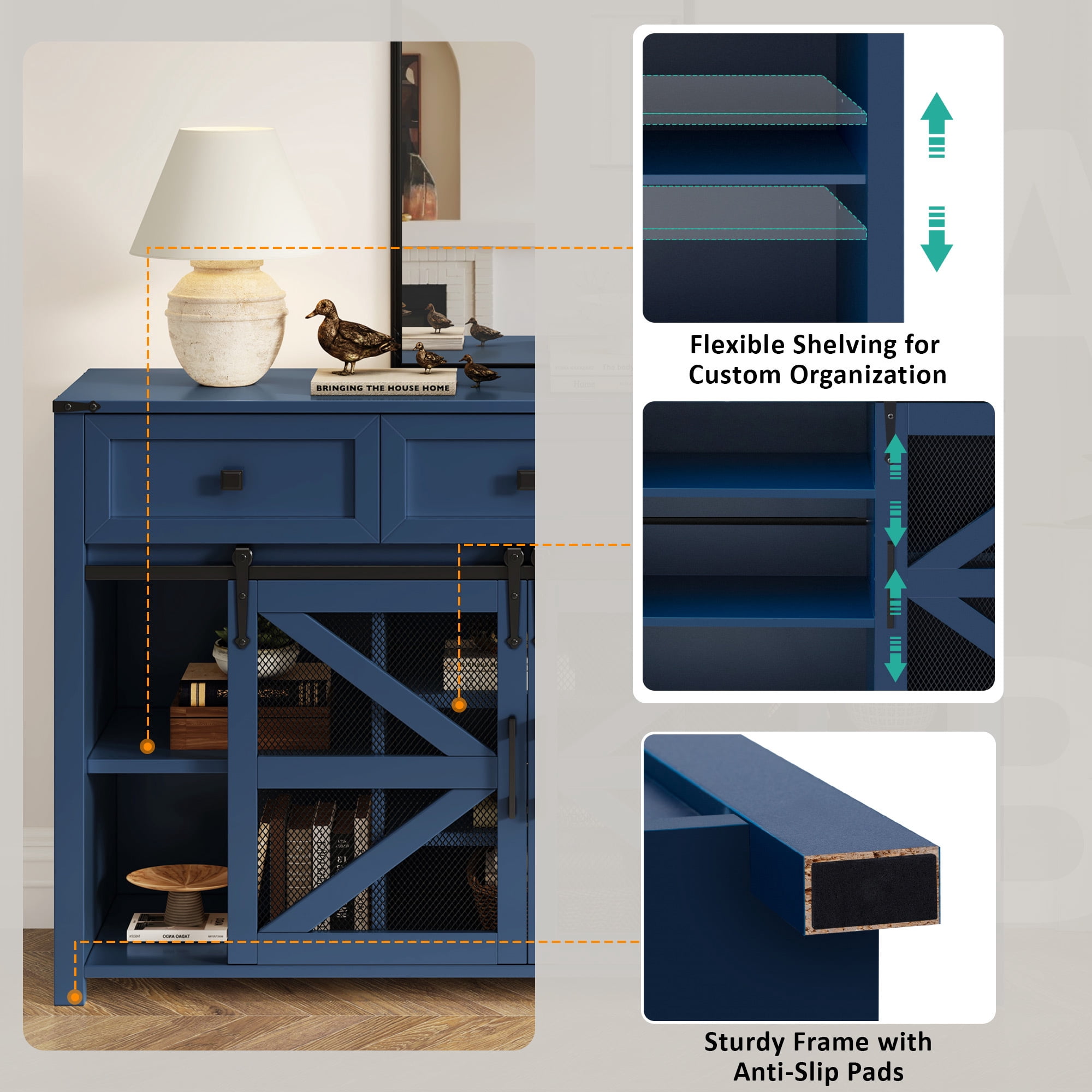 Leumius 55In Sliding Barn Door Sideboard Buffet Cabinet with 3 Drawers, Adjustable Shelves, Metal Mesh & Particleboard Doors, Aluminum Handles, Industrial Storage for Living or Dining Room Blue