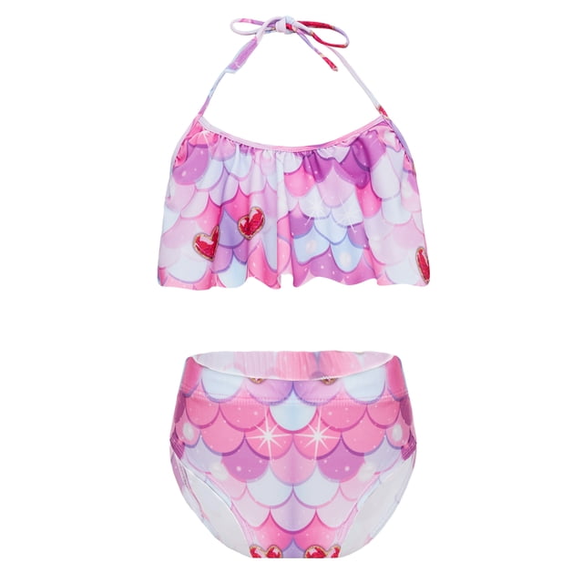 TiaoBug Girls 2 Pcs Mermaid Bikini Sets Shiny Halter Ruffles Crop Top with Triangle Brief Bathing Suit Tankini Hot Pink B 150