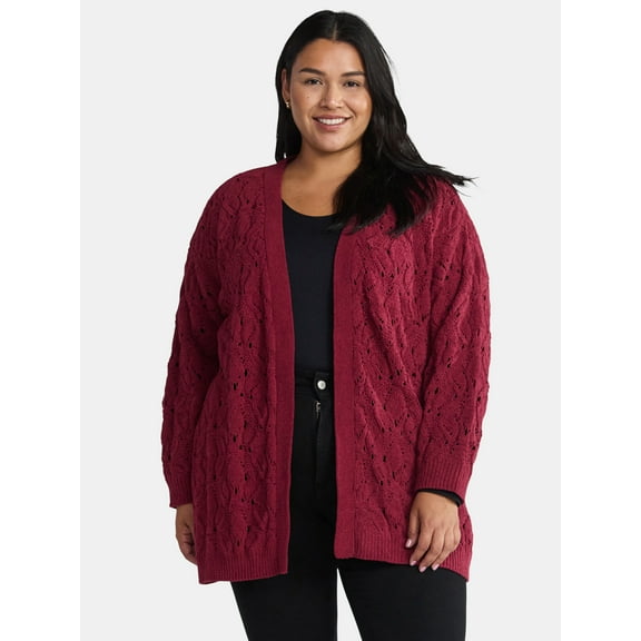 Terra & Sky Women's Plus Size Chenille Crochet Cardigan Sweater, Midweight, Sizes 0X-5X