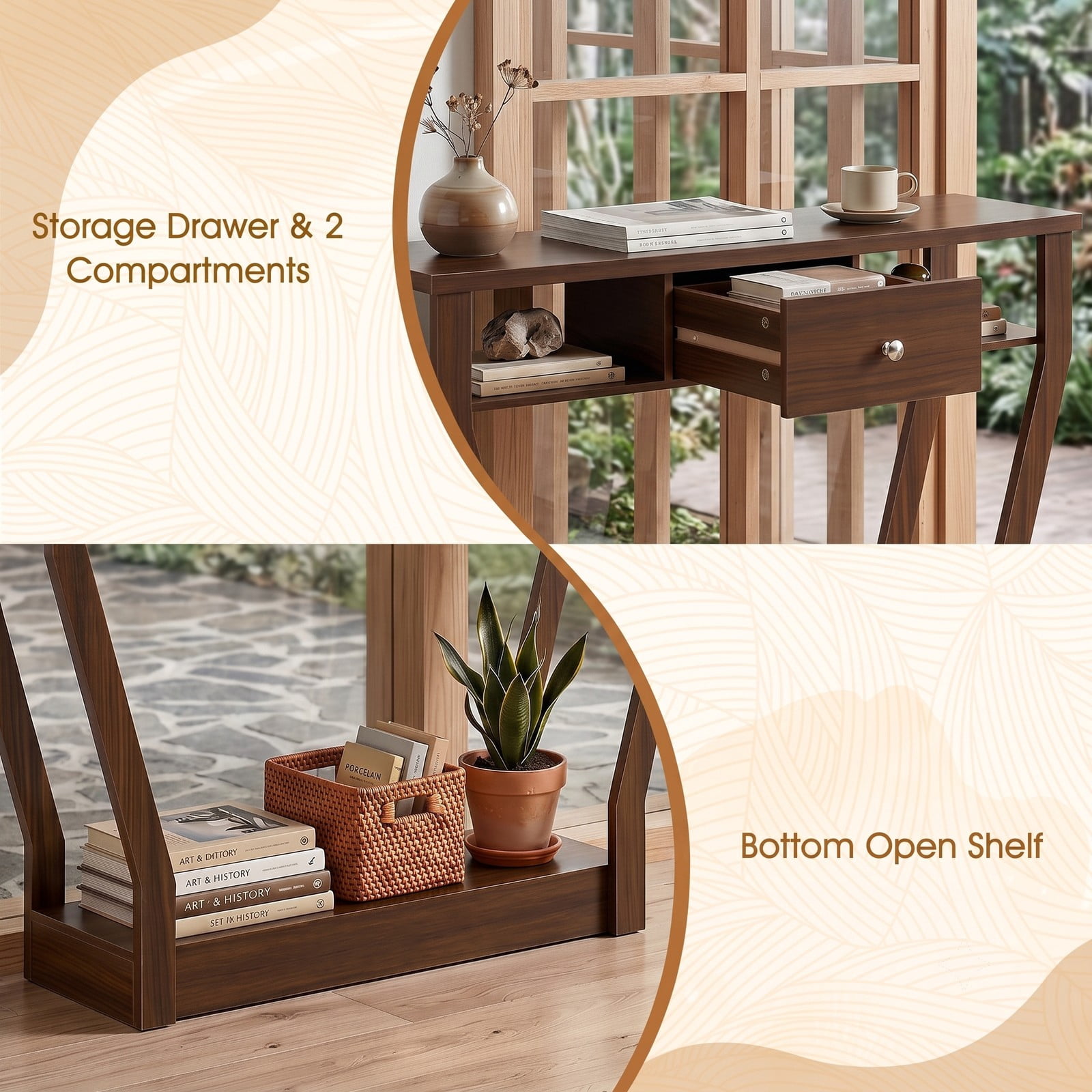 Furnibear Console Hall Table with Storage Drawer and Open Display Shelf and Angled Wood Legs for Entryway and Hallway, Walnut