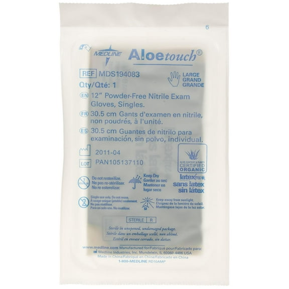 Medline Aloetouch 12" Powder-Free Nitrile Exam Gloves,Green,Large -100 Each