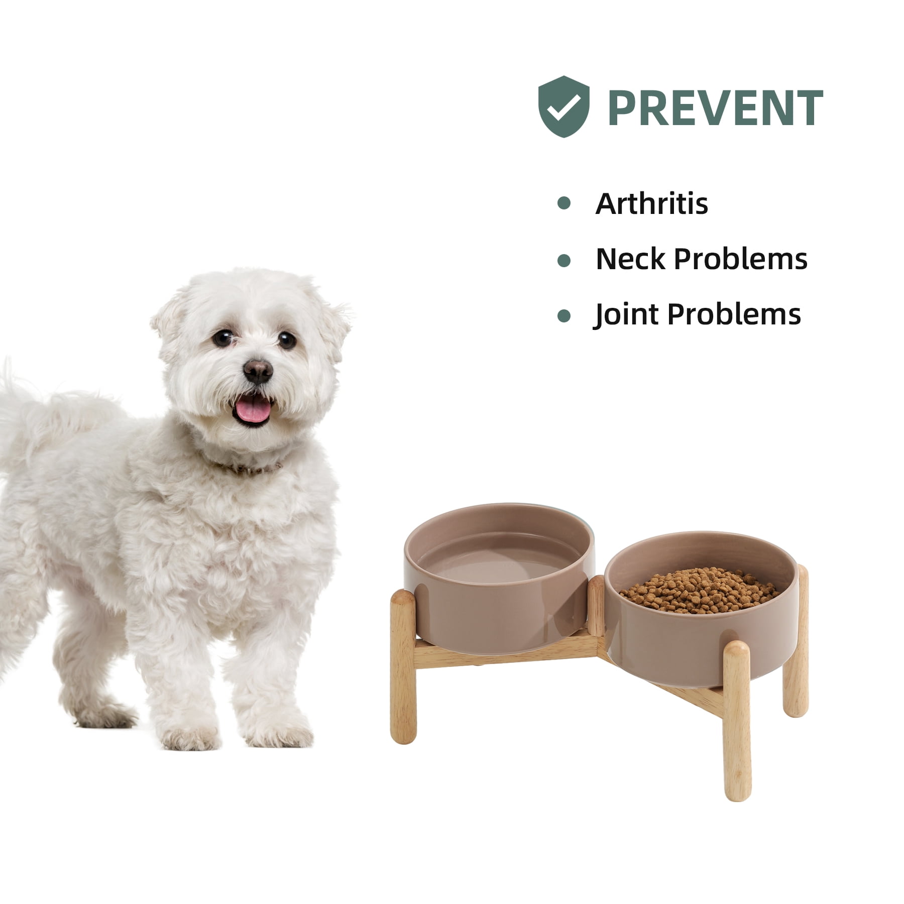 LarqeeWare Ceramic 6.1inch Raised Dog Bowl with Stand for Small and Medium Breed Dog Dish Pet Food and Water Bowl (Double Bowl with Stand - Brown Coffee, 28oz)