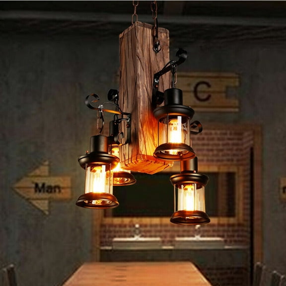 Industrial Vintage Wooden Hanging Farmhouse Pendant Light Retro Loft Lantern Chandelier 4 Lights Suspension Island Lighting Fixture for Kitchen Dining Coffee Shop Restaurant