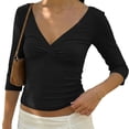thumbnail image 2 of Women 90s Vintage 3/4 Long Sleeve Wrap V Neck Crop Tshirt Tops Slim Fit Open Back Y2k Girls Summer Going Out Tee Black L, 2 of 6