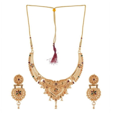 South Indian Bollywood Gold Plated Necklace Set with Matching Drop Earrings – Traditional Ethnic & Bridal Jewelry