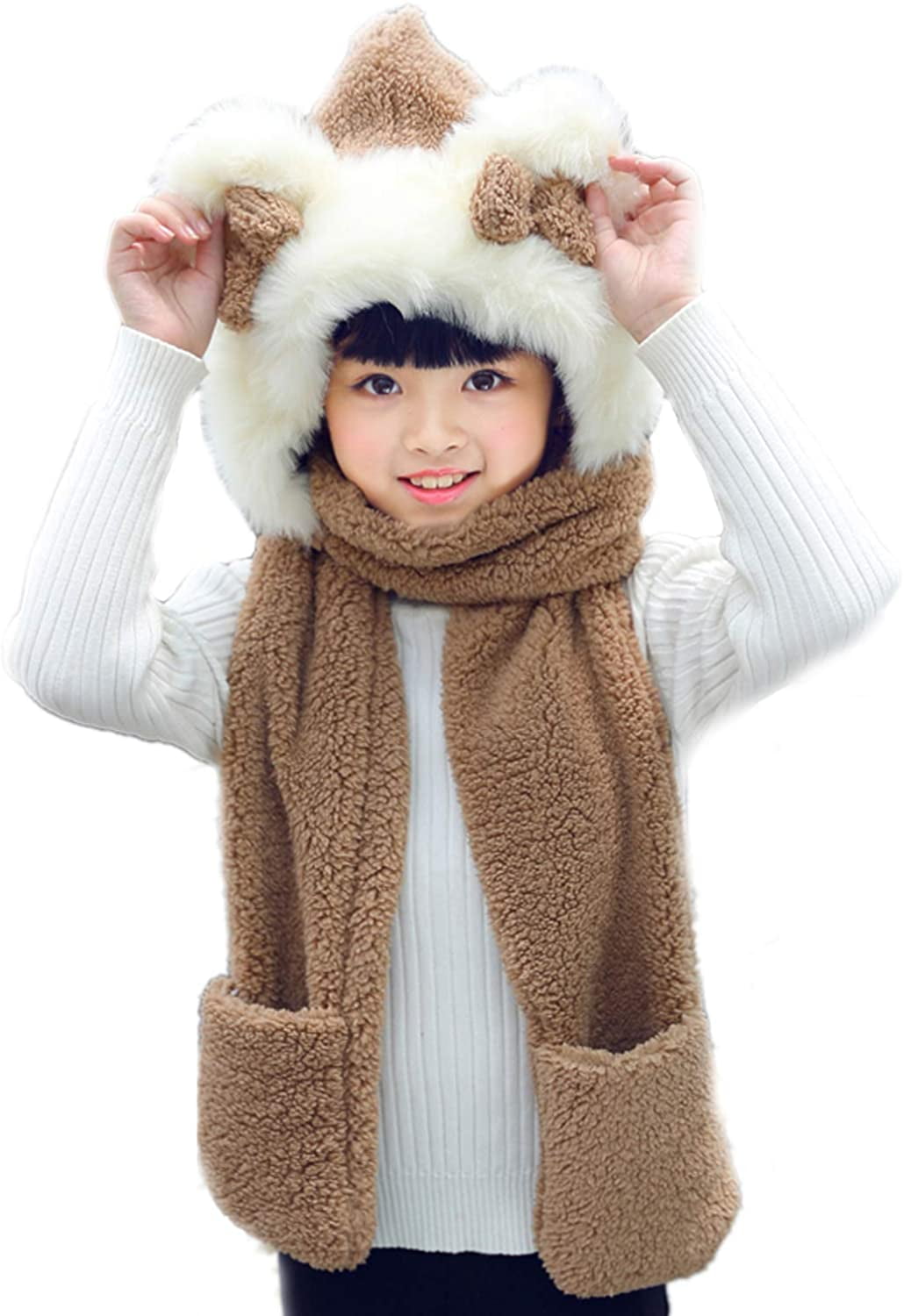 Kids Girls Boys Winter Warm Cartoon Dinosaur Fuzzy Fleece Scarf Hats Color : Beige, Size : 3-12 years Cute Hooded Scarf Earmuffs With Pockets Outdoors cap