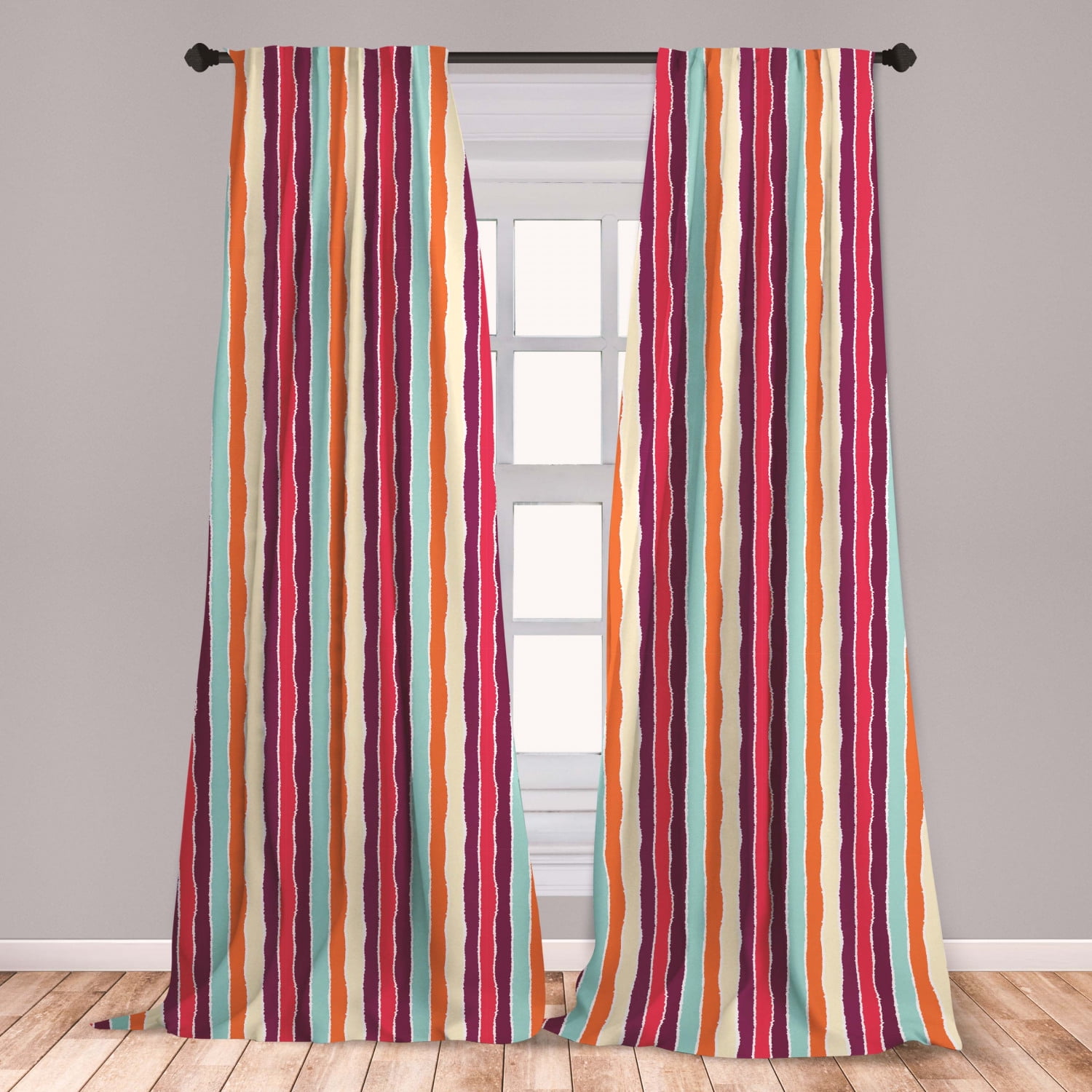 Colorful Curtains 2 Panels Set, Vertical Lines with Torn Paper Effect