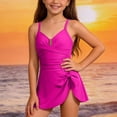 thumbnail image 5 of Busydd Girls Bathing Suit with Built in Bra 7-16 Years Solid Color Straps Girls Swimsuit One Piece V Neck Pleated Side Bow Swimdress 9 Years, 5 of 9