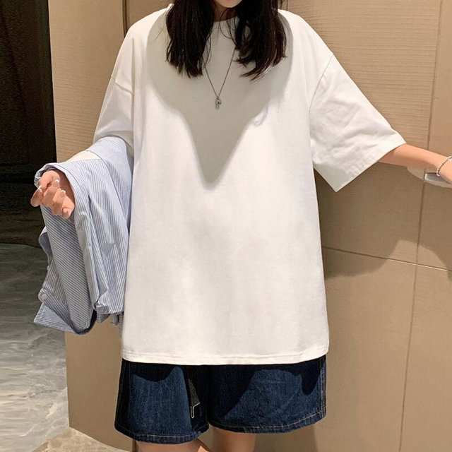 Camiseta 100% de algodón para mujer, de manga corta Camiseta holgada, camisa básica informal con cuello redondo, ropa de gran tamaño de Color sólido