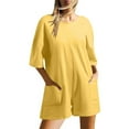 thumbnail image 2 of Women's Casual Rompers Half Sleeve Short Jumpsuits Athletic Scoop Neck Overalls Hot Shot Tee Romper with Pockets Yellow,M, 2 of 6