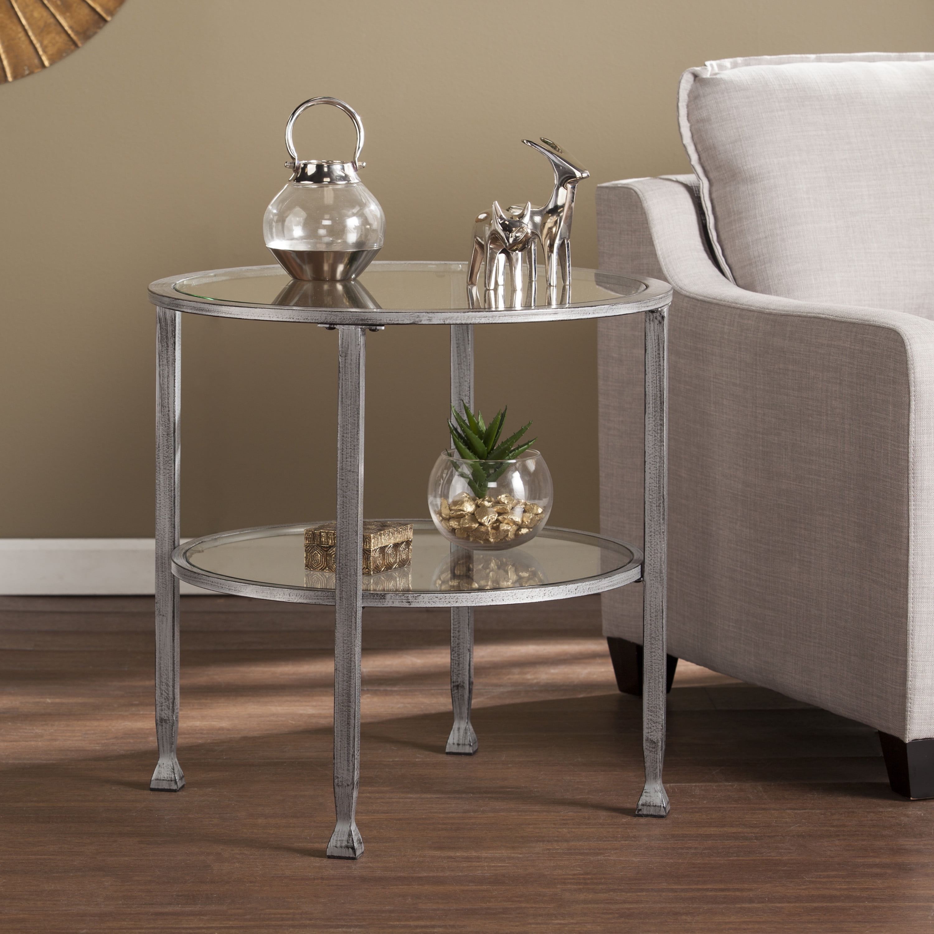 Southern Enterprises Jumpluff Metal/Glass Round End Table, Distressed ...