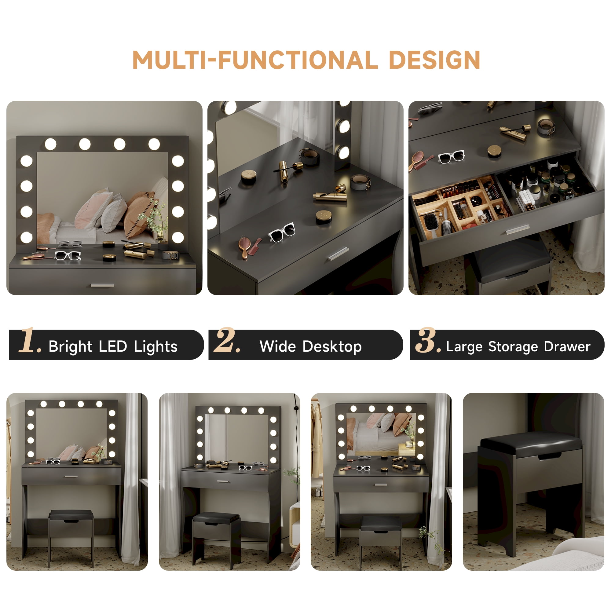 VEANERWOOD Modern Vanity Table with Lighted Mirror and Stool, Black Finish, for Bedroom