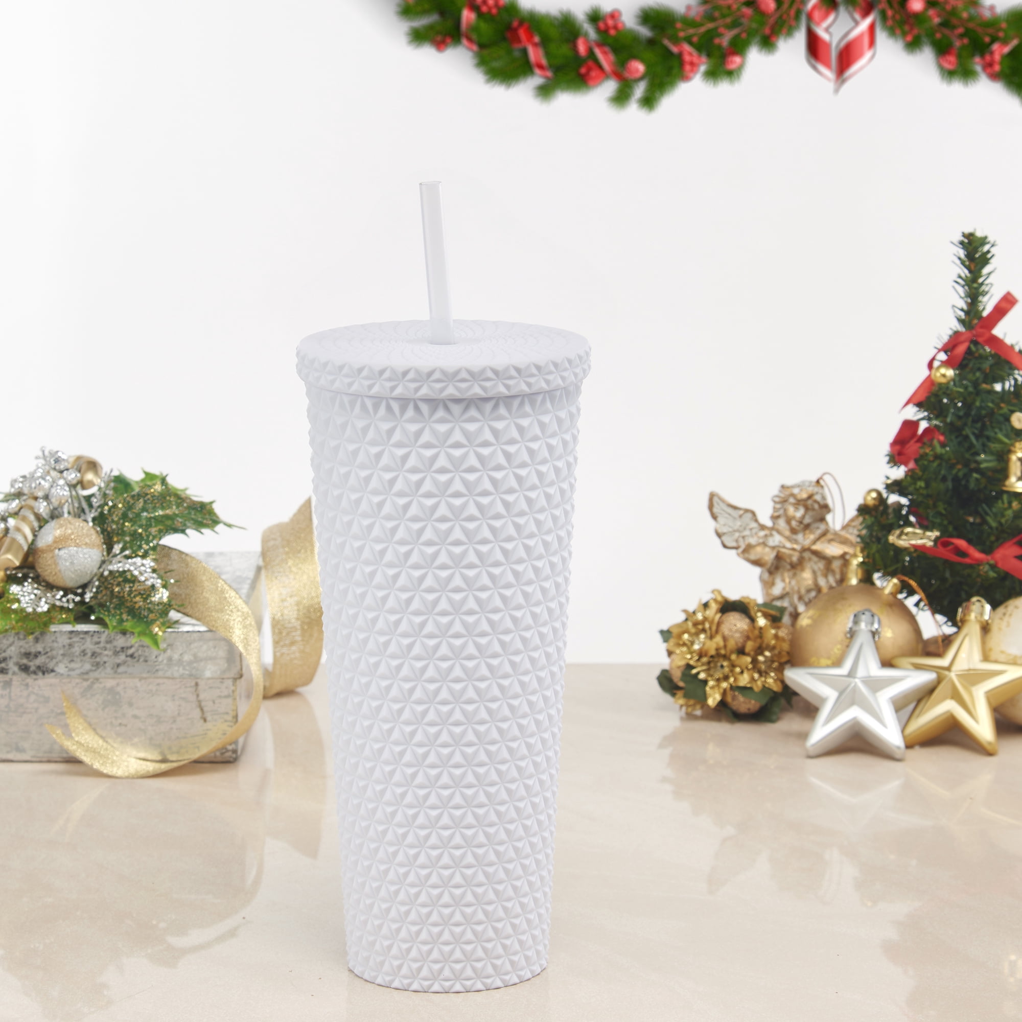 Mainstays 4pk 26oz DW AS Plastic Soft Touch Textured Tumbler with Straw, White