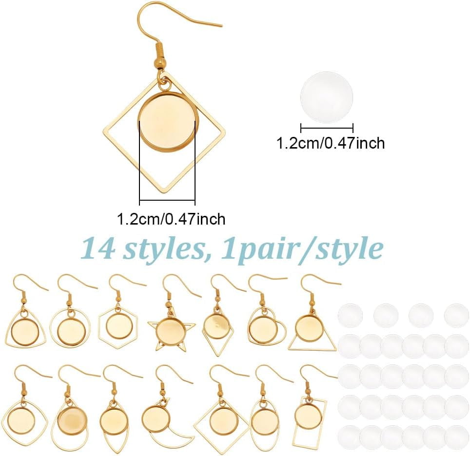 56 Pcs Stainless Steel Blank Cabochon Earrings Include 28 Pcs Glass Cabochons Star Round Moons Teardrop Shape Earring Kit Heart Bezel Trays Dangle Earring for DIY Jewelry Making Golden Gold DIY