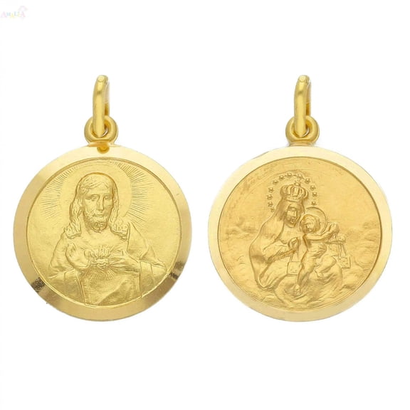 18K Solid Yellow Gold Round Scapular Medal 19 mm Diameter