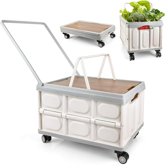 Collapsible Rolling Crate with Wheels, Foldable Utility Cart with Wooden Cover, Mobile Folding Cart for Teacher, Shopping, Camping, Office - 55L
