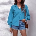 thumbnail image 4 of Women's Button down Shirts Collared Vneck Lantern Long Sleeve Tops Casual Solid Color Dressy Chiffon Blouse Tee, 4 of 4