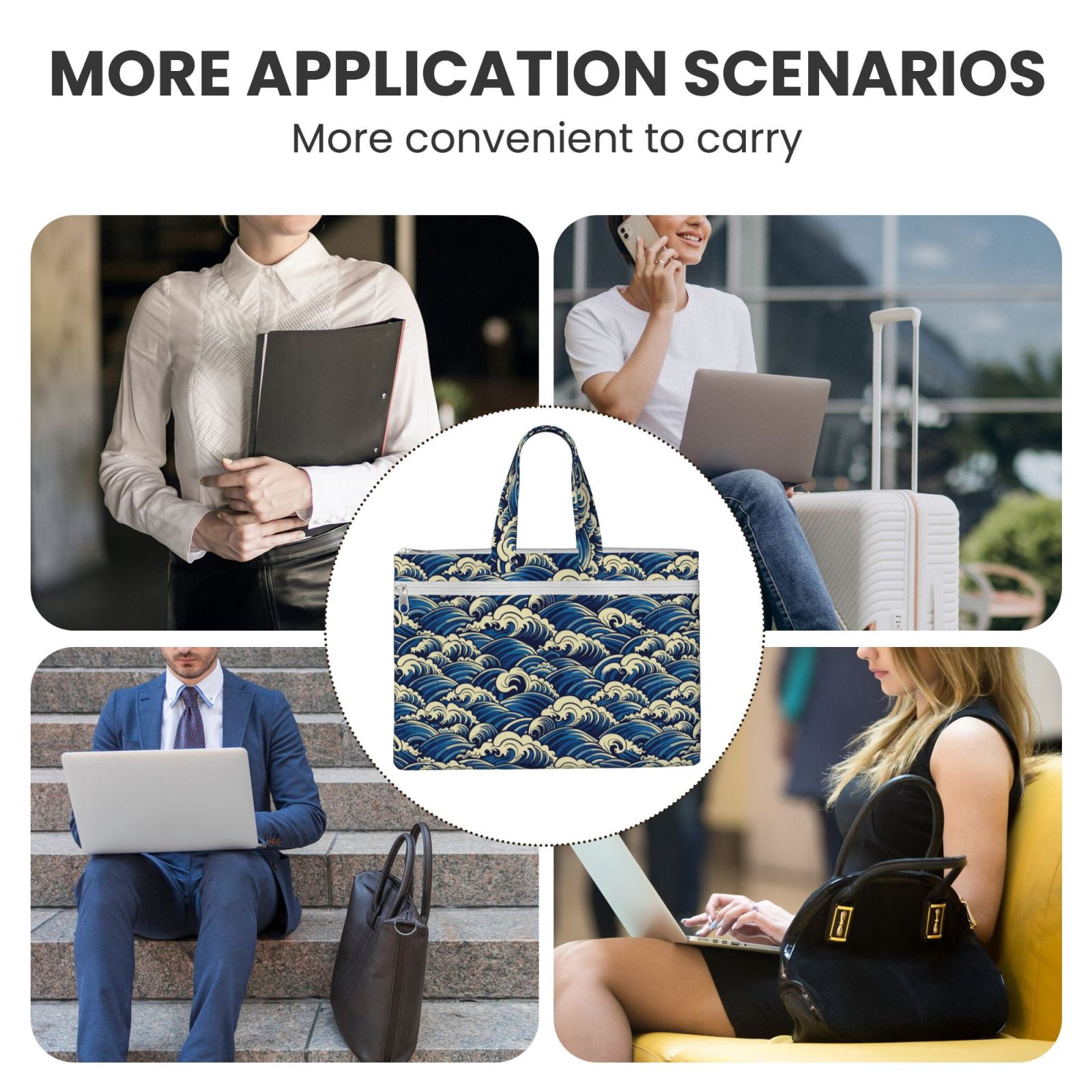 Kdxio Japanese Water Wave File Tote Document Bag Business Briefcase Bag Document Organizer Tote Briefcase for Letter A4 Files Business Teacher Office Bag