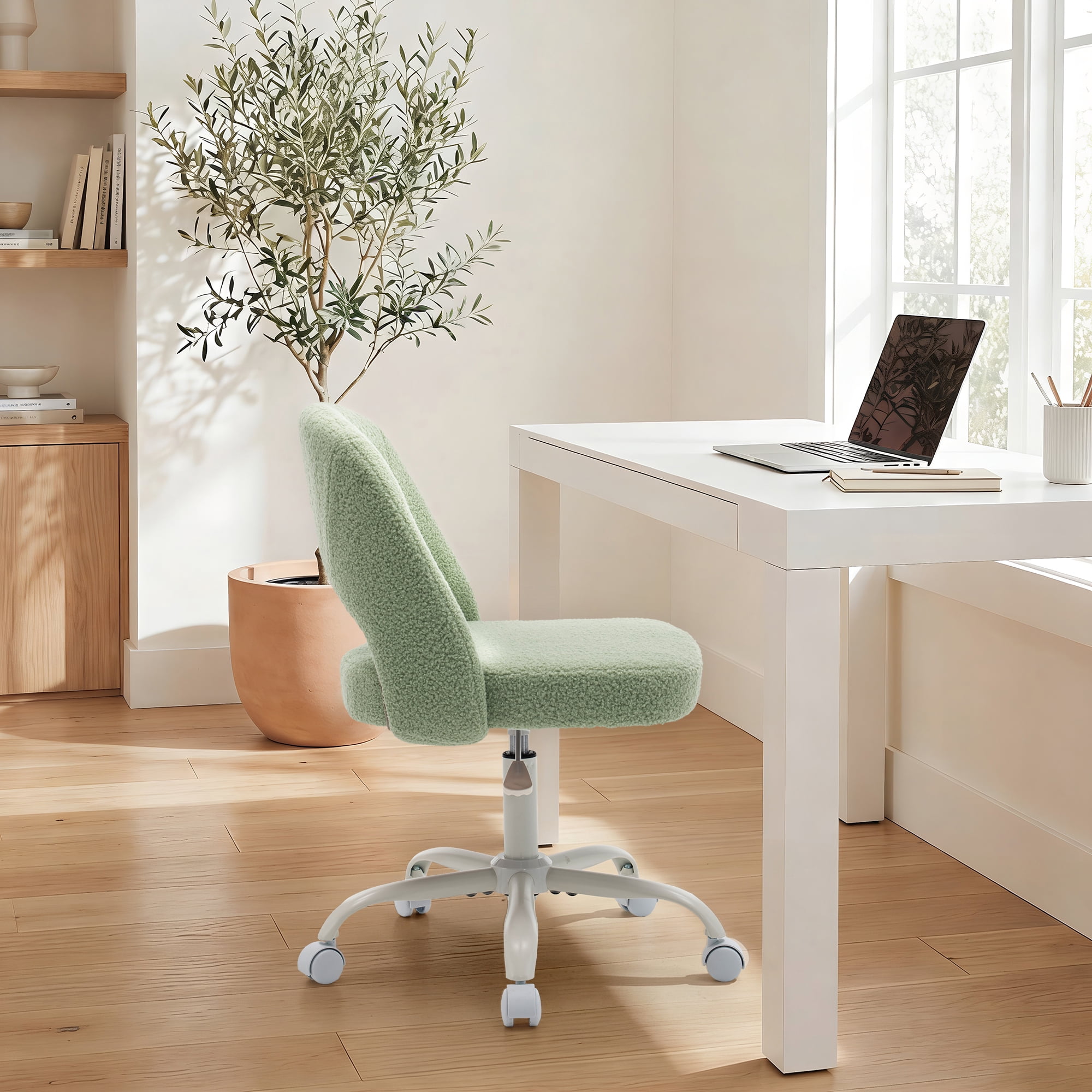 ENYLAY Green Fluffy Teddy Fleece Vanity Chair, Height Adjustable 360° Swivel Rolling Desk Chair, Ergonomic Upholstered Makeup Chair, Modern Cute Accent Chair for Bedroom Home Office Vanity Room